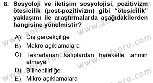 Medya Sosyolojisi Dersi 2016 - 2017 Yılı (Vize) Ara Sınavı 8. Soru