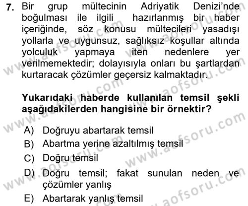 Medya Sosyolojisi Dersi 2017 - 2018 Yılı (Final) Dönem Sonu Sınav Soruları 7. Soru