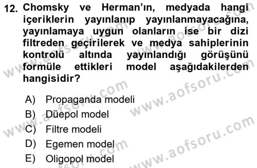 Medya Sosyolojisi Dersi 2023 - 2024 Yılı (Vize) Ara Sınav Soruları 12. Soru