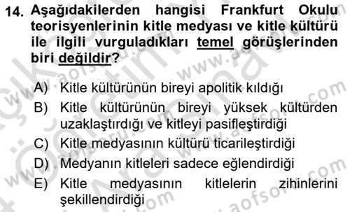 Medya Sosyolojisi Dersi 2023 - 2024 Yılı (Vize) Ara Sınav Soruları 14. Soru