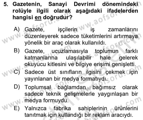 Medya Sosyolojisi Dersi 2023 - 2024 Yılı (Vize) Ara Sınav Soruları 5. Soru