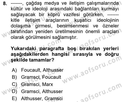 Medya Sosyolojisi Dersi 2023 - 2024 Yılı (Vize) Ara Sınav Soruları 8. Soru