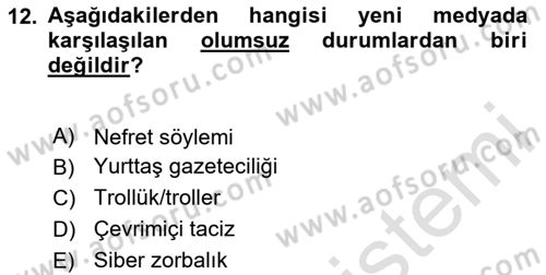 Medya Sosyolojisi Dersi 2023 - 2024 Yılı (Final) Dönem Sonu Sınavı 12. Soru