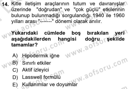 Medya Sosyolojisi Dersi 2023 - 2024 Yılı (Final) Dönem Sonu Sınav Soruları 14. Soru
