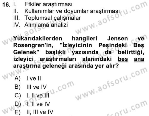 Medya Sosyolojisi Dersi 2023 - 2024 Yılı (Final) Dönem Sonu Sınav Soruları 16. Soru