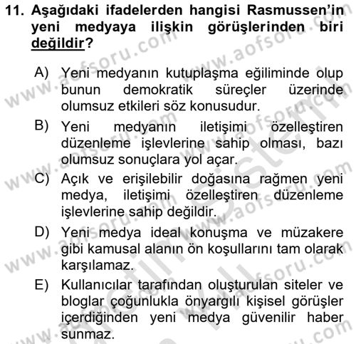 Medya Sosyolojisi Dersi 2023 - 2024 Yılı Yaz Okulu Sınav Soruları 11. Soru
