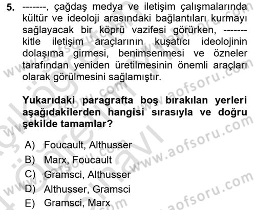 Medya Sosyolojisi Dersi 2023 - 2024 Yılı Yaz Okulu Sınav Soruları 5. Soru