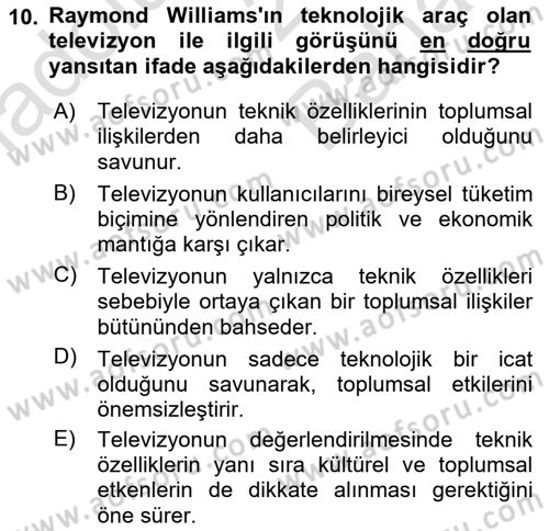 Medya Sosyolojisi Dersi 2024 - 2025 Yılı (Vize) Ara Sınav Soruları 10. Soru