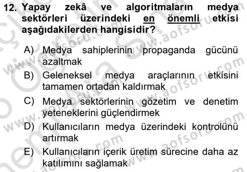 Medya Sosyolojisi Dersi 2024 - 2025 Yılı (Vize) Ara Sınav Soruları 12. Soru
