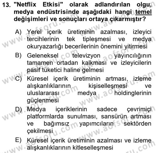 Medya Sosyolojisi Dersi 2024 - 2025 Yılı (Vize) Ara Sınav Soruları 13. Soru