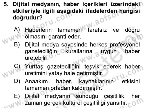 Medya Sosyolojisi Dersi 2024 - 2025 Yılı (Vize) Ara Sınav Soruları 5. Soru