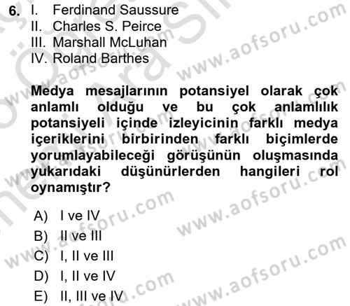 Medya Sosyolojisi Dersi 2024 - 2025 Yılı (Vize) Ara Sınav Soruları 6. Soru
