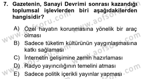 Medya Sosyolojisi Dersi 2024 - 2025 Yılı (Vize) Ara Sınav Soruları 7. Soru