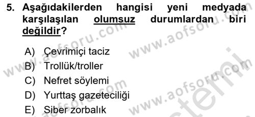 Medya Sosyolojisi Dersi 2024 - 2025 Yılı (Final) Dönem Sonu Sınav Soruları 5. Soru