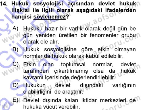 Hukuk Sosyolojisi Dersi 2015 - 2016 Yılı (Vize) Ara Sınav Soruları 14. Soru