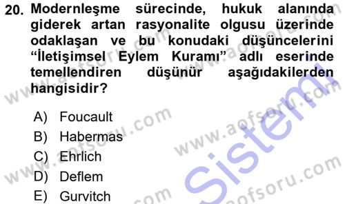 Hukuk Sosyolojisi Dersi 2015 - 2016 Yılı (Final) Dönem Sonu Sınav Soruları 20. Soru