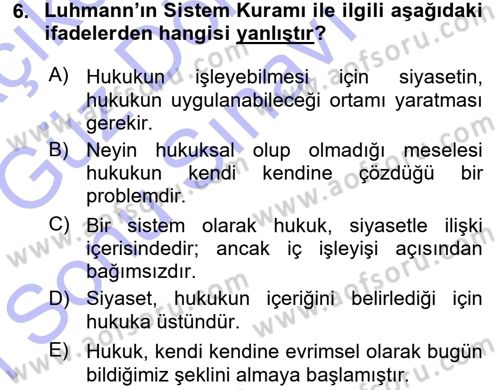 Hukuk Sosyolojisi Dersi 2015 - 2016 Yılı (Final) Dönem Sonu Sınav Soruları 6. Soru