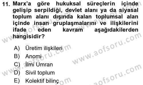 Hukuk Sosyolojisi Dersi 2015 - 2016 Yılı Tek Ders Sınav Soruları 11. Soru