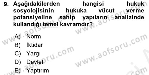 Hukuk Sosyolojisi Dersi 2015 - 2016 Yılı Tek Ders Sınav Soruları 9. Soru