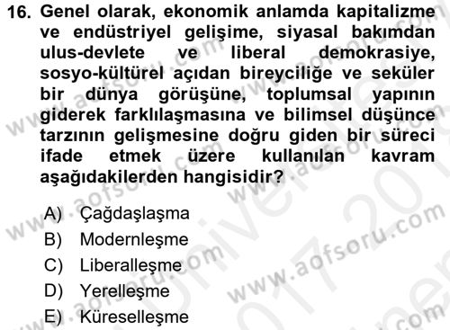 Hukuk Sosyolojisi Dersi 2017 - 2018 Yılı (Final) Dönem Sonu Sınav Soruları 16. Soru
