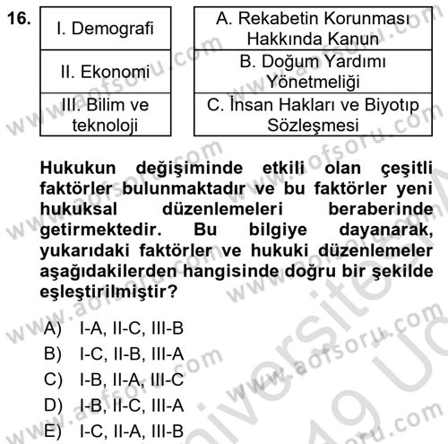Hukuk Sosyolojisi Dersi 2018 - 2019 Yılı 3 Ders Sınav Soruları 16. Soru