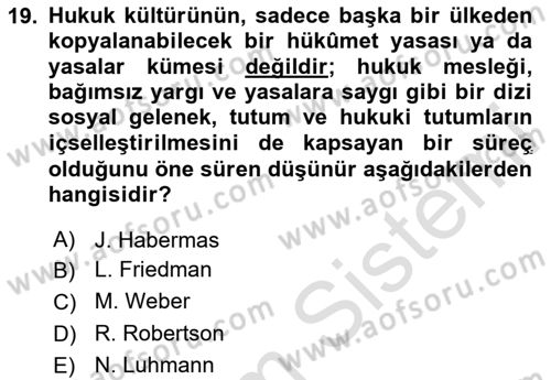 Hukuk Sosyolojisi Dersi 2020 - 2021 Yılı Yaz Okulu Sınav Soruları 19. Soru