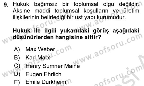 Hukuk Sosyolojisi Dersi 2021 - 2022 Yılı (Vize) Ara Sınav Soruları 9. Soru