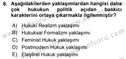 Hukuk Sosyolojisi Dersi 2021 - 2022 Yılı Yaz Okulu Sınav Soruları 8. Soru