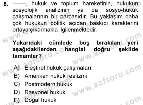 Hukuk Sosyolojisi Dersi 2022 - 2023 Yılı Yaz Okulu Sınav Soruları 8. Soru