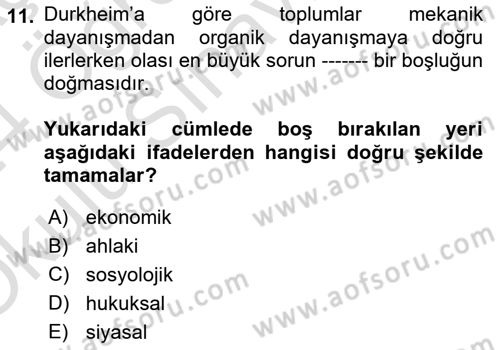 Hukuk Sosyolojisi Dersi 2023 - 2024 Yılı Yaz Okulu Sınav Soruları 11. Soru