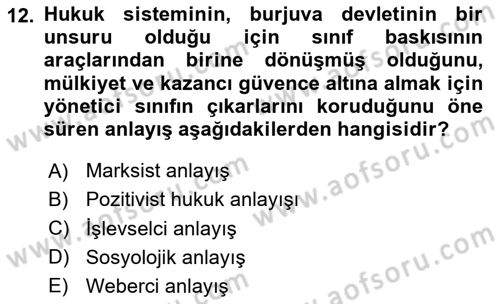 Hukuk Sosyolojisi Dersi 2023 - 2024 Yılı Yaz Okulu Sınav Soruları 12. Soru