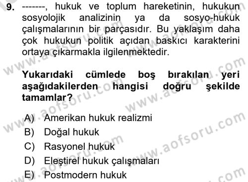 Hukuk Sosyolojisi Dersi 2023 - 2024 Yılı Yaz Okulu Sınav Soruları 9. Soru