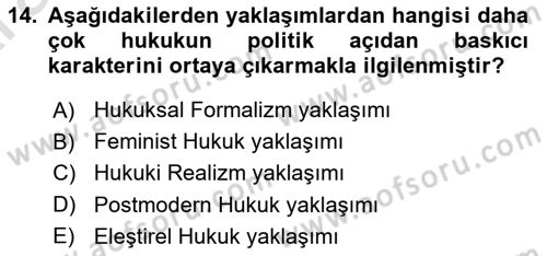Hukuk Sosyolojisi Dersi 2024 - 2025 Yılı (Vize) Ara Sınav Soruları 14. Soru