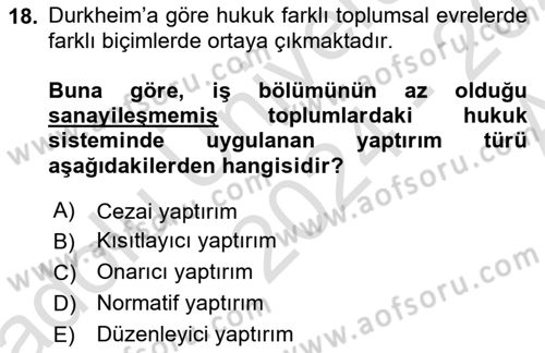 Hukuk Sosyolojisi Dersi 2024 - 2025 Yılı (Vize) Ara Sınav Soruları 18. Soru