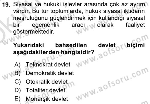 Hukuk Sosyolojisi Dersi 2024 - 2025 Yılı Yaz Okulu Sınav Soruları 19. Soru