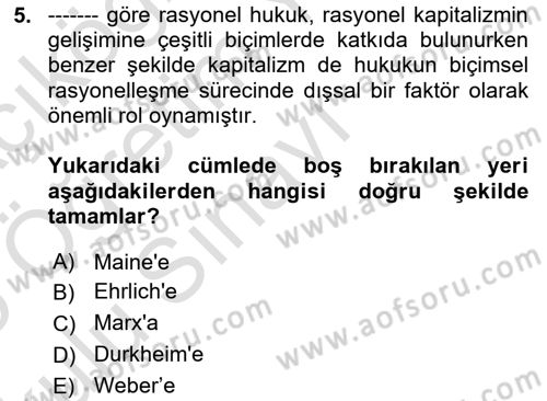 Hukuk Sosyolojisi Dersi 2024 - 2025 Yılı Yaz Okulu Sınav Soruları 5. Soru