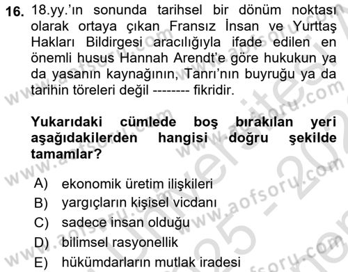 Hukuk Sosyolojisi Dersi 2025 - 2026 Yılı (Final) Dönem Sonu Sınav Soruları 16. Soru