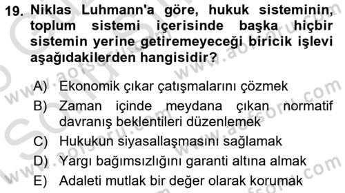Hukuk Sosyolojisi Dersi 2025 - 2026 Yılı (Final) Dönem Sonu Sınav Soruları 19. Soru
