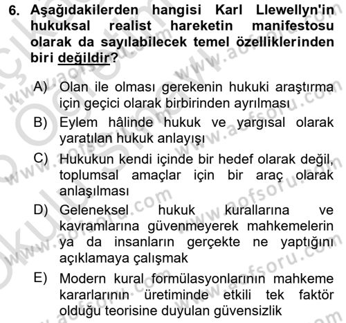 Hukuk Sosyolojisi Dersi 2025 - 2026 Yılı Yaz Okulu Sınav Soruları 6. Soru