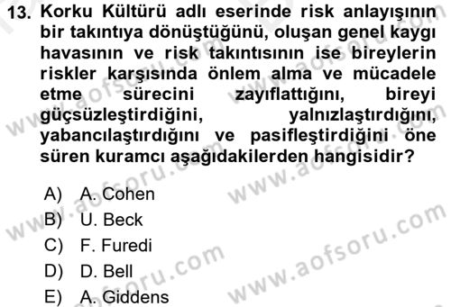 Suç Sosyolojisi Dersi 2017 - 2018 Yılı (Vize) Ara Sınav Soruları 13. Soru
