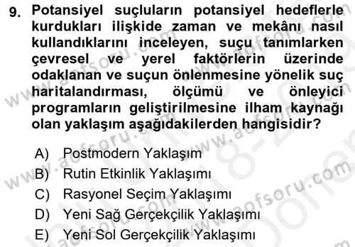 Suç Sosyolojisi Dersi 2018 - 2019 Yılı (Final) Dönem Sonu Sınav Soruları 9. Soru