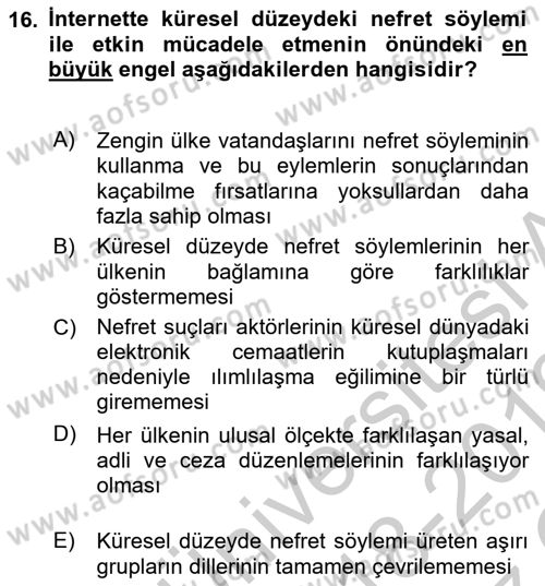 Suç Sosyolojisi Dersi 2018 - 2019 Yılı Yaz Okulu Sınav Soruları 16. Soru