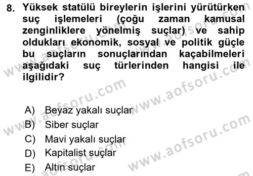 Suç Sosyolojisi Dersi 2021 - 2022 Yılı (Vize) Ara Sınav Soruları 8. Soru