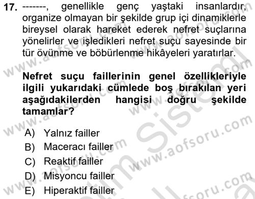 Suç Sosyolojisi Dersi 2021 - 2022 Yılı (Final) Dönem Sonu Sınav Soruları 17. Soru
