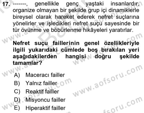 Suç Sosyolojisi Dersi 2023 - 2024 Yılı (Final) Dönem Sonu Sınav Soruları 17. Soru