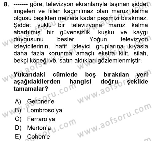 Suç Sosyolojisi Dersi 2023 - 2024 Yılı (Final) Dönem Sonu Sınav Soruları 8. Soru