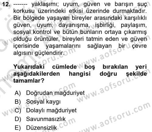 Suç Sosyolojisi Dersi 2024 - 2025 Yılı (Vize) Ara Sınav Soruları 12. Soru