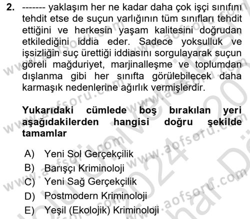 Suç Sosyolojisi Dersi 2024 - 2025 Yılı (Vize) Ara Sınav Soruları 2. Soru