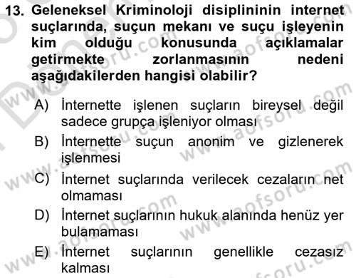 Suç Sosyolojisi Dersi 2024 - 2025 Yılı (Final) Dönem Sonu Sınav Soruları 13. Soru