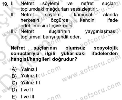 Suç Sosyolojisi Dersi 2024 - 2025 Yılı (Final) Dönem Sonu Sınav Soruları 19. Soru